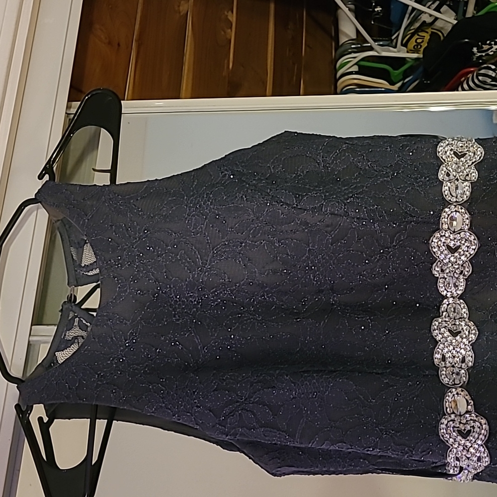 Gray/gunmetal floor length gown with sparkly lace overlay and crystal accents